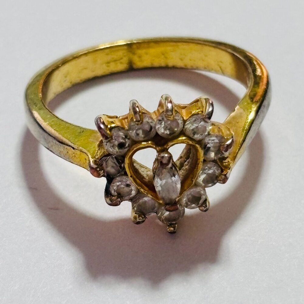Vintage Style Gold Tone Heart Halo Ring Clear Crystal Accents Size 7.5